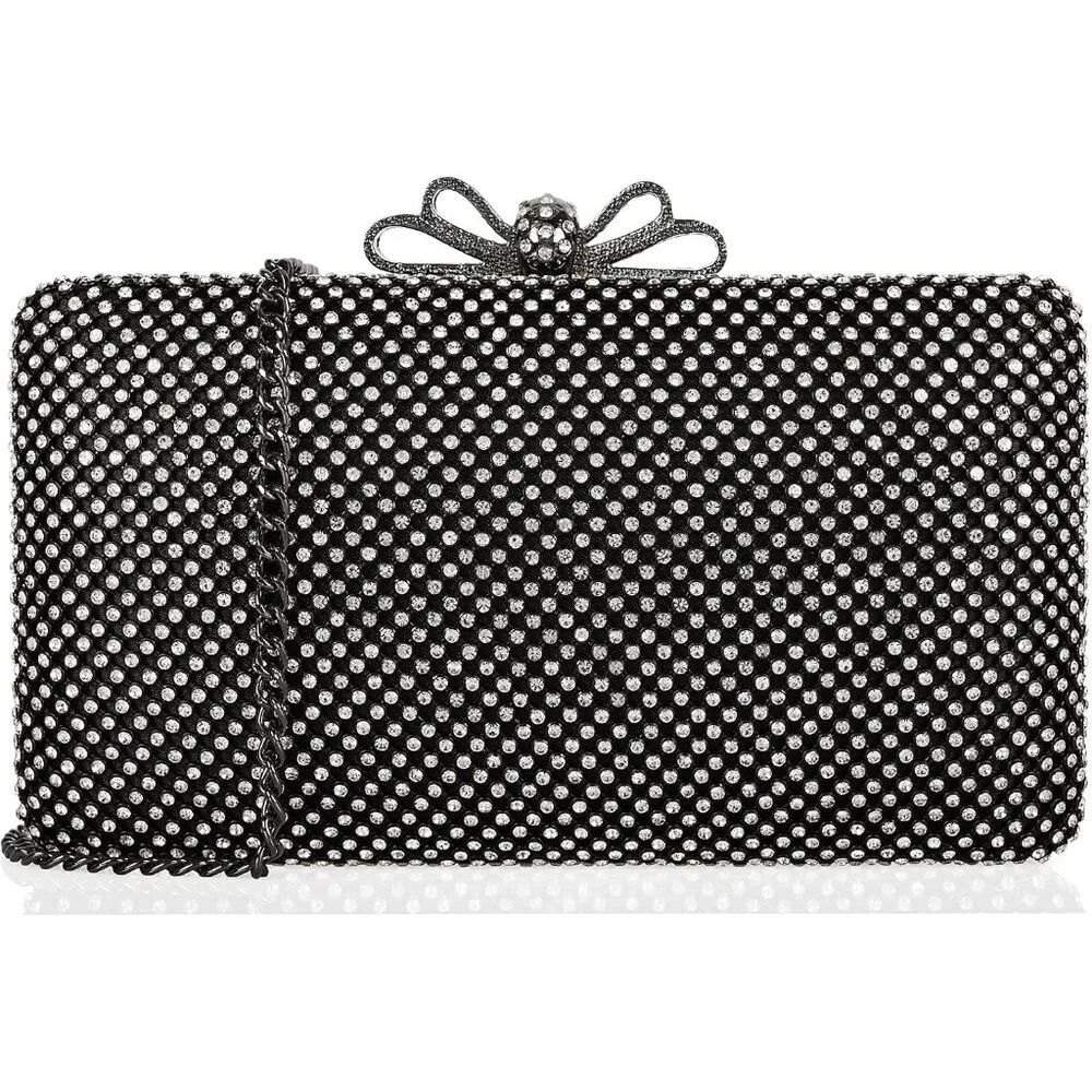 ⚡ Women's Black White‎ Rhinestone Crystal Bow Clasp Metal Chain Clutch Handbag